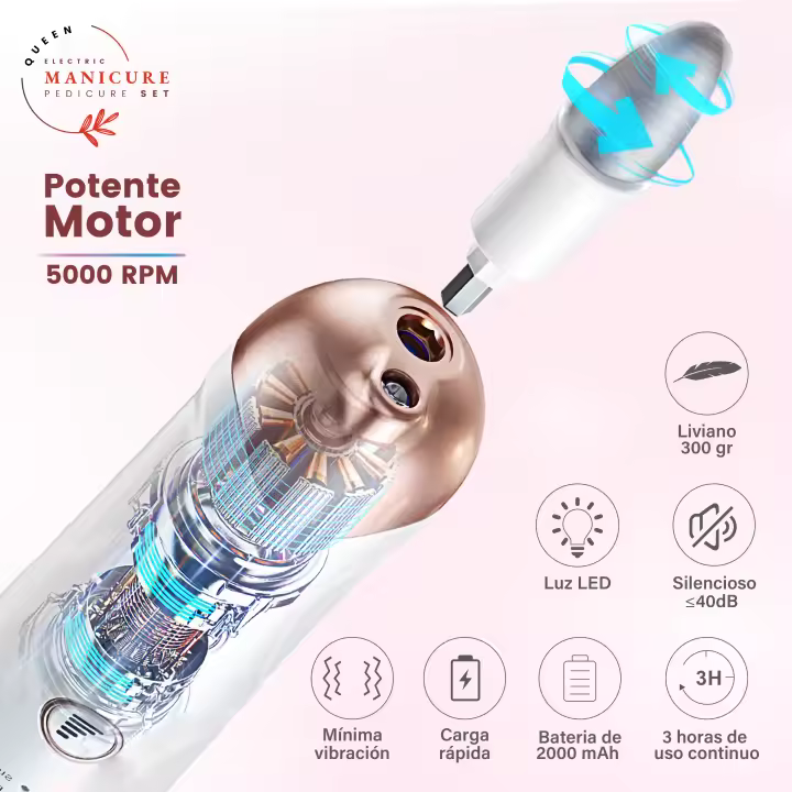 Queen Torno para Uñas Profesional , Kit Eléctrico de Manicura y Pedicura, 5 Modos, Carga Rápida USB, 9 Accesorios de Alta Calidad, Velocidad Ajustable, Portátil y Duradero - 1