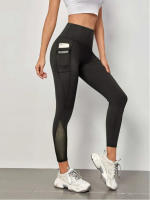 Pantalones De Yoga Para Mujer Cintura Alta Con Bolsillos Grandes Y Costuras De Malla Leggings Deportivos Casual Levantamiento De Glúteos Ropa De Fitness - details 2