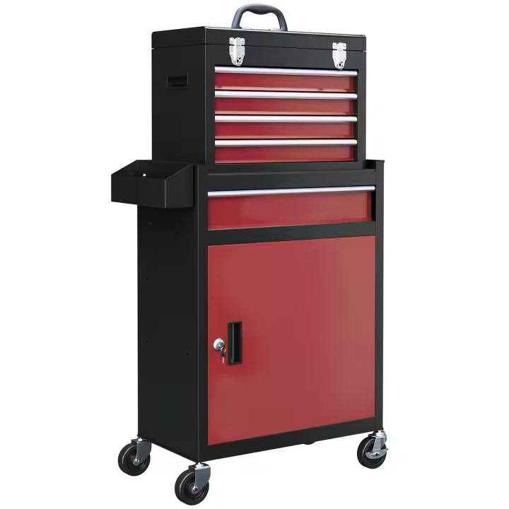 HOMCOM Carro de Herramientas Caja de Herramientas de Acero Carro de Taller con Ruedas Puerta Extraíble 5 Cajones y Cerraduras de Acero Macizos para Taller Garaje Negro y Rojo - 1