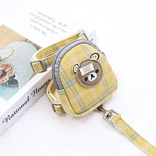 Verde Dibujos Animados Plaid Oso Perro Arnés Mochila con Correa Conjunto de Mascotas Gato Pequeño Collar de Animales con Pequeño Monedero Bolsa de Portador de Productos de Plomo (6,S Fit 1,5-3,5 Kg) - 1