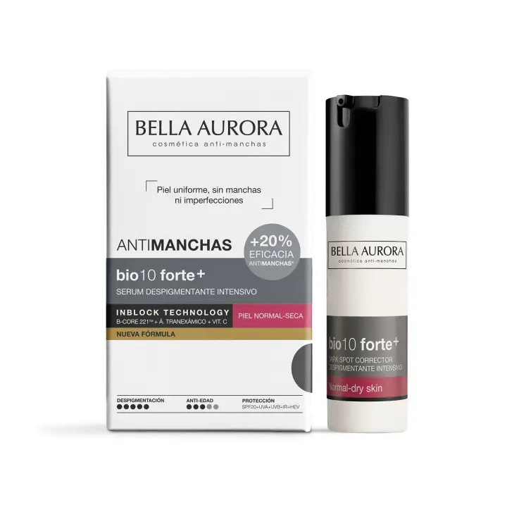 Bella Aurora BIO10 FORTE+ Serum Despigmentante Piel Seca | Elimina manchas oscuras y aporta hidratación | Con B-CORE 221TM y ácido tranexámico | Protección UVA, UVB, IR y luz azul | 30ml - 1