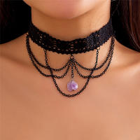 Collar Gótico Negro Con Encaje Y Pendiente De Piedra Morada Para Mujer Estilo Vintage Multicapa Cadena Metálica Para Fiesta De Halloween Joyería Steampunk - details 0