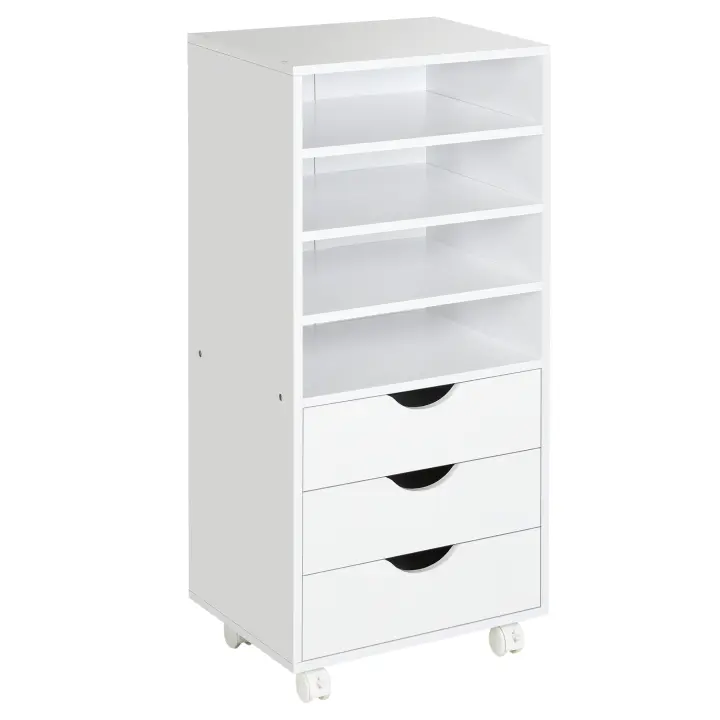 Vinsetto Mueble Auxiliar para Oficina Estudio Gran Espacio de Almacenaje con 3 Cajones 4 Estantes Abiertos 4 Ruedas 38x30x86,8 cm Blanco - 1