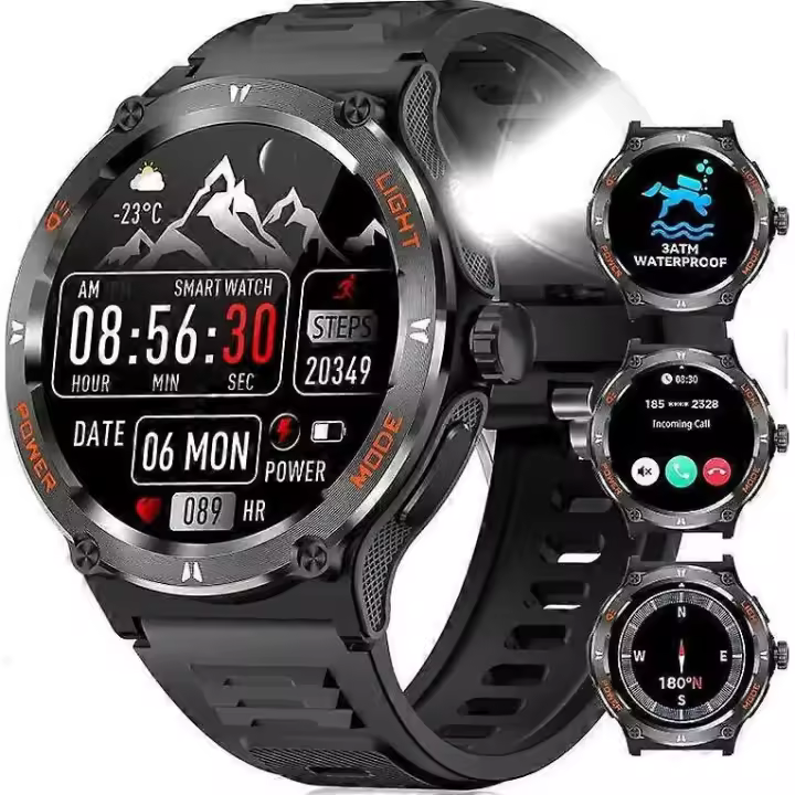 KT76 Outdoor Smart Watch with Flashlight SOS Button, 1.53-Inch Screen, 500mAh Battery, Call APP, Swimming Waterproof - 1