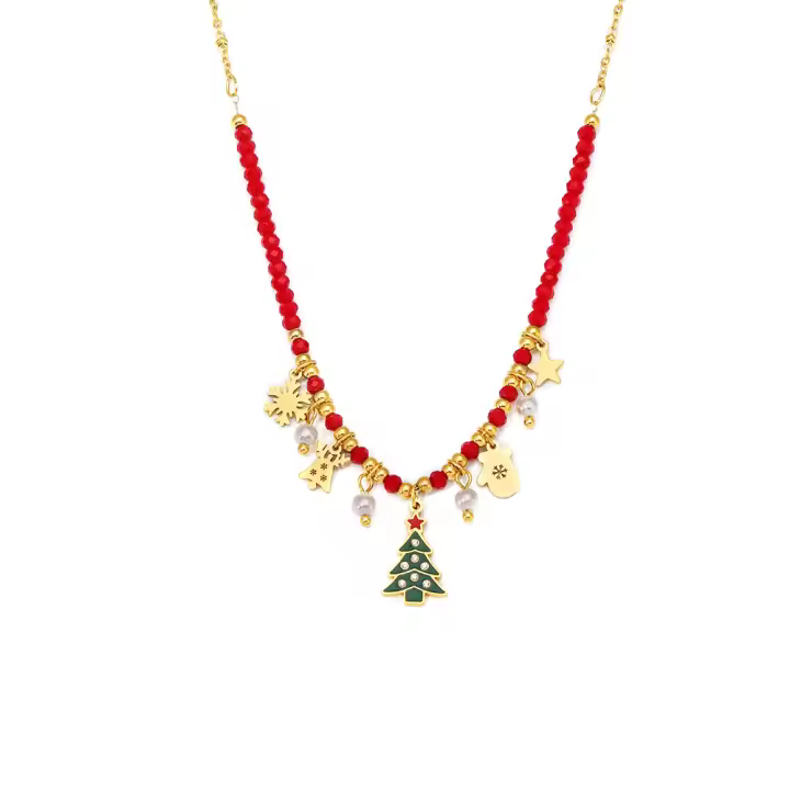 Joyería Perla Árbol de Navidad Granada Hoja de arce roja Colgante de acero inoxidable Encantador collar de mujer Adecuado para - 1