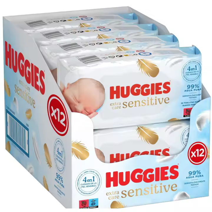 Huggies Extra Care Sensitive 672 Toallitas (12 packs de 56 Toallitas). 99% Agua, Cuidado 4 en 1 para Piel Sensible: Limpia, Calma, Protege contra la Irritación y Equilibra el PH. Clínica y Dermatológicamente Testado, sin Fragrancias ni Parabenos. - 1
