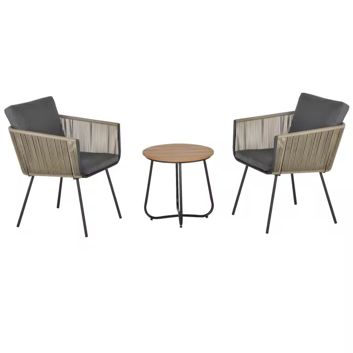Outsunny Conjunto de Muebles de Ratán 1 Mesa Redonda y 2 Sillas Butaca con Cojines Acolchados para Jardín Balcón Terraza Acero Caqui y Gris - 1
