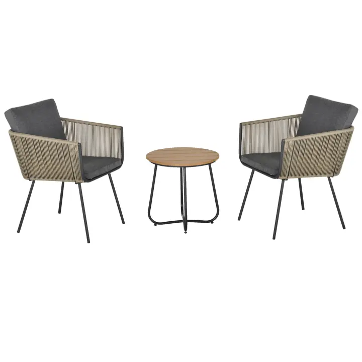 Outsunny Conjunto de Muebles de Ratán 1 Mesa Redonda y 2 Sillas Butaca con Cojines Acolchados para Jardín Balcón Terraza Acero Caqui y Gris - 1