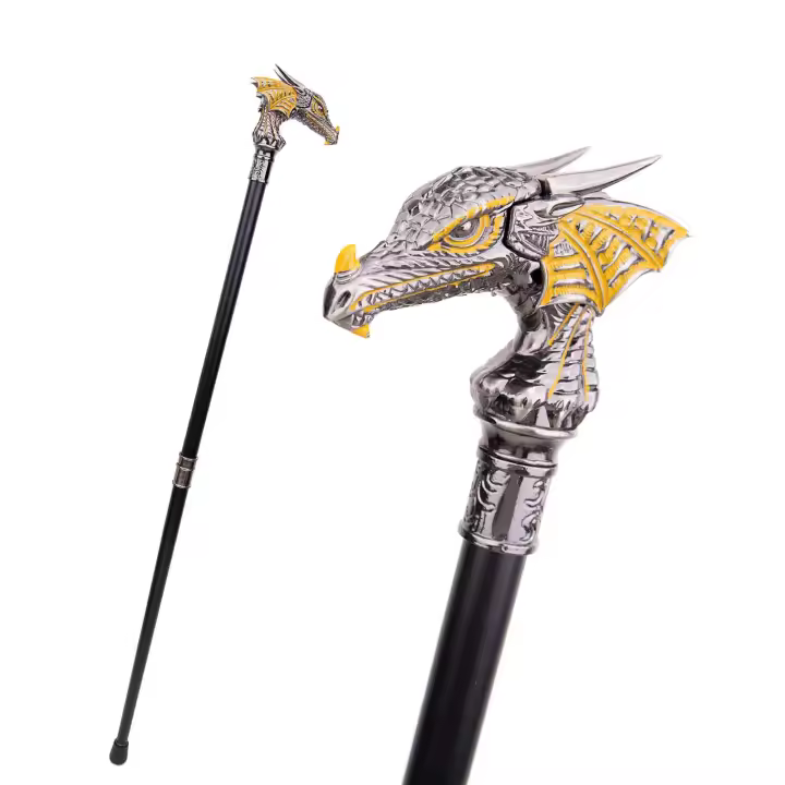 Bastón De Caminar Dragón De Lujo Dorado Y Negro Elegante Decorativo Para Caballeros Cosplay 93cm Punta De Goma Manija Recta Material De Aluminio Y Acero - 1