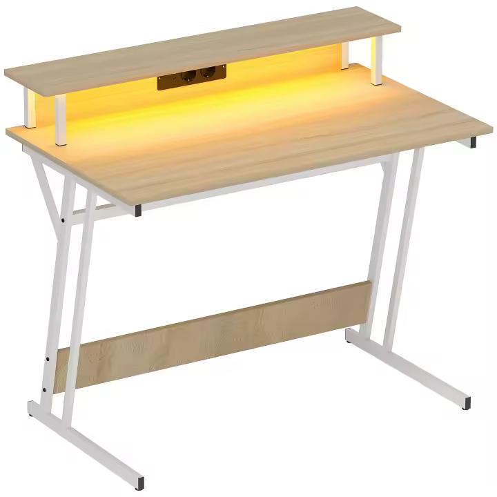 HOMCOM Mesa Gaming con Luces LED 100x60 cm Escritorio Gaming Mesa Gamer con Tomas de Corriente Soporte para Monitor Estantes y Control Remoto para Oficina Estudio Natural - 1