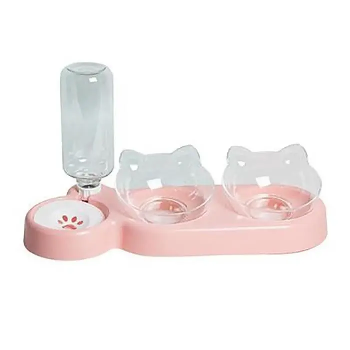 Comedero Doble para Gatos, dispensador automático de Comida y Agua 3 en 1, inclinable 15 °. - 1