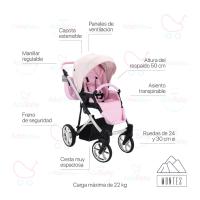 Carrito Montes Rosa 2 piezas AdaBaby, Dos piezas: capazo y silleta, Bolso, cobertura de lluvia, mosquitera, botellero y cubrepiés, Silleta hasta 22kg, plegable con el chasis en ambos sentidos incluidos en el precio, Tejidos de ecopiel y capotas de brillo - details 1