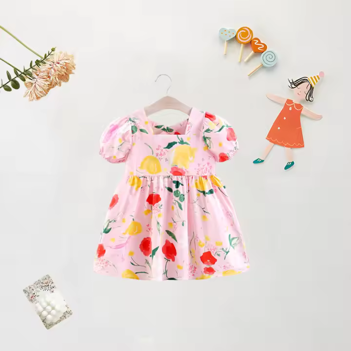Vestido De Verano Para Bebé Niña Con Estampado Floral Y Manga Burbuja Vestido De Princesa De Algodón Con Cuello Cuadrado Lindo Vestido Corto Para Niñas De 1-2 Años - 1