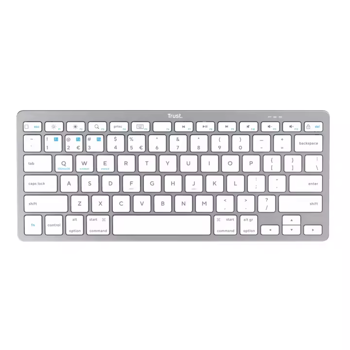 Teclado Bluetooth Inalámbrico Ultrafino Trust para PC, Portátil, Tableta y Smartphone, Diseño Compacto y Ligero, Compatible con Windows, macOS, iOS y Android, Triple Emparejamiento, 85 Teclas, Funciones FN Adaptables, 10m de Alcance, Baterías Incluidas - 1