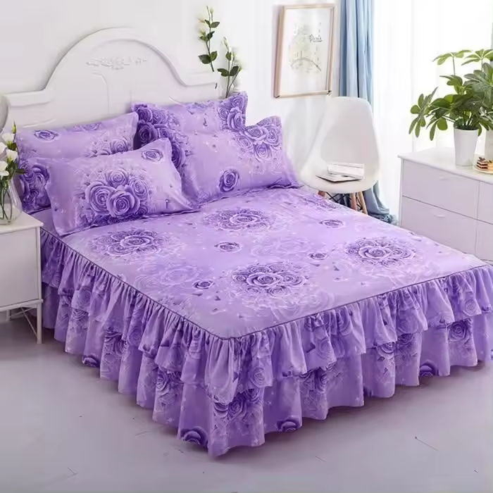 [Juego de 3 piezas] Falda de Cama bilateral de moda + 2 Pares de fundas de almohada Falda de Cama Ropa de Cama 180x220cm - 1