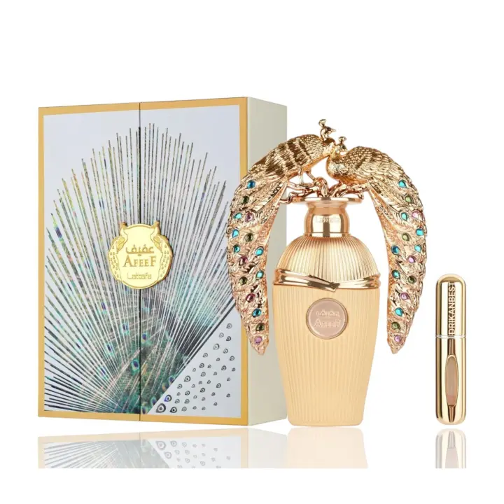 Perfume AFEEF 100ml Lattafa (ORIGINAL), Perfume Árabe de Larga Duración, Eau de Parfum Fragancia Oriental con Notas Dulces y Especiadas + Regalo Atomizador Recargable 5ml Drikanbest - 1