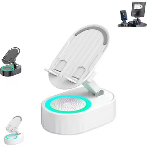 Soporte para celular Arshipscho Nominateh, soporte mejorado 2025 con altavoz de inducción, batería externa y luz ambiental, rotación de 360°, plegable, base antideslizante, para hombres y mujeres (blanco) - 1