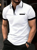 Camisa Polo Para Hombre Moda Negocios Casual Cuello Redondo Manga Corta Formal Rayas Patchwork Verano Negro Camiseta Ropa Hombre - details 3