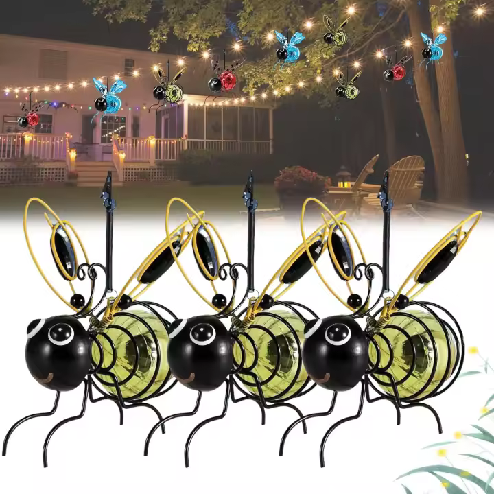 Paquete de 3 luces solares colgantes de simulación de insectos, diseñadas para decoración de jardín, con resorte elástico, luz LED de simulación de abejas, IP65, resistente al agua, para exteriores - 1