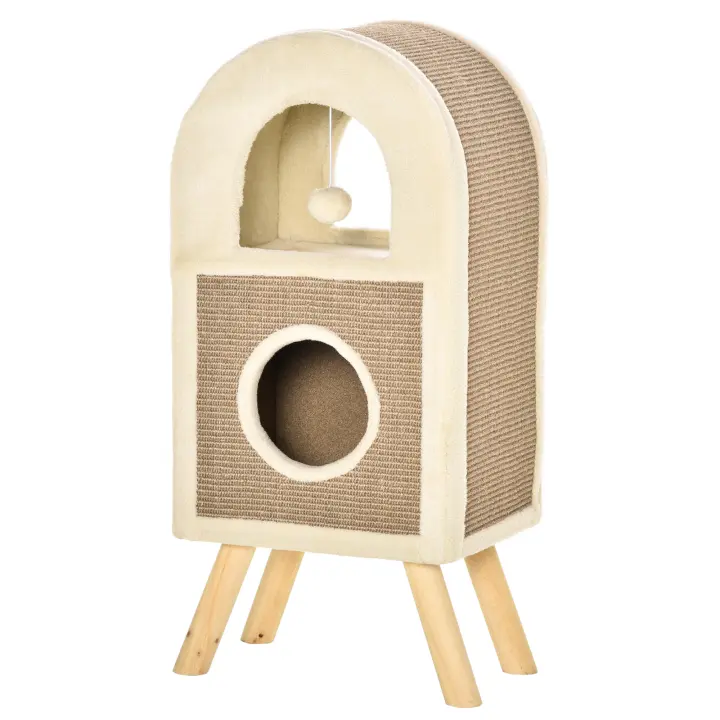 PawHut Árbol Rascador para Gatos de 2 Niveles con Cueva de Sisal Natural y Felpa Puerta Arqueada Bola de Juguete y 4 Patas Elevadas de Madera 40x34x91 cm Café - 1