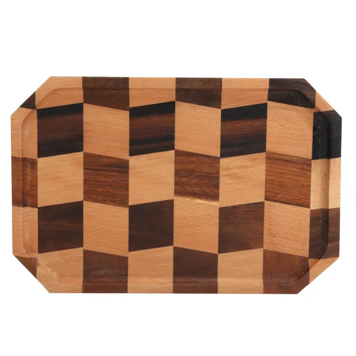 Platos de madera para frutas Bandeja de madera para té y postres Patrón de cuadrícula Plato rectangular para servir alimentos 30 x 20 cm - 1
