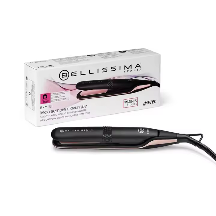 Bellissima B-Mini - Plancha de Pelo Compacta para Viaje, Revestimiento Cerámico, Multivoltaje Automático, Temperatura 200°C, Estuche Beauty Bag - 1