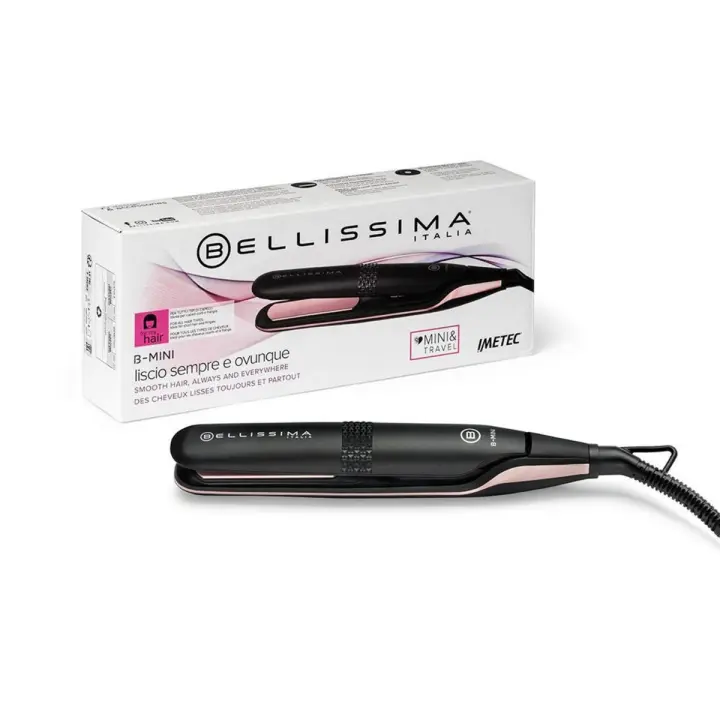 Bellissima B-Mini - Plancha de Pelo Compacta para Viaje, Revestimiento Cerámico, Multivoltaje Automático, Temperatura 200°C, Estuche Beauty Bag - 1