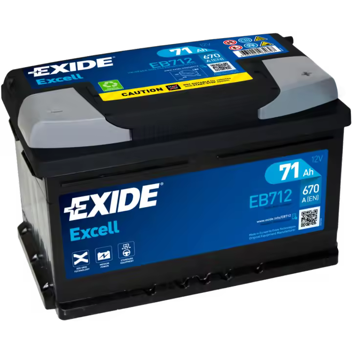 Batería de Arranque Exide EB712 Excell 12V 71Ah/670A - Alto Rendimiento y Durabilidad para Vehículos - Marca Exide - 1