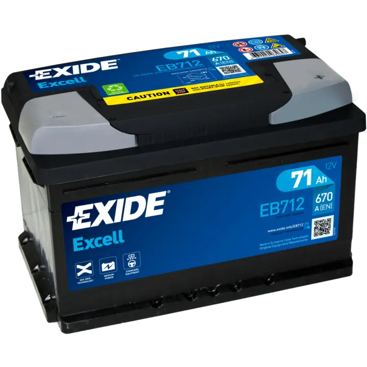 Batería de Arranque Exide EB712 Excell 12V 71Ah/670A - Alto Rendimiento y Durabilidad para Vehículos - Marca Exide - 1