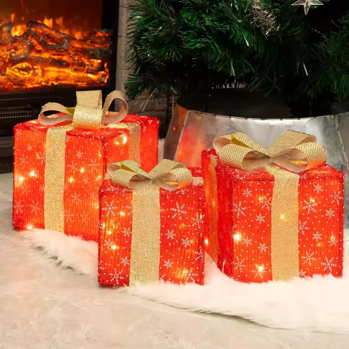 3PCS Caja De Regalo Navideña Con Luz Y Lazo LED Decoración Festiva Para Interior Y Exterior Material Plástico - 1