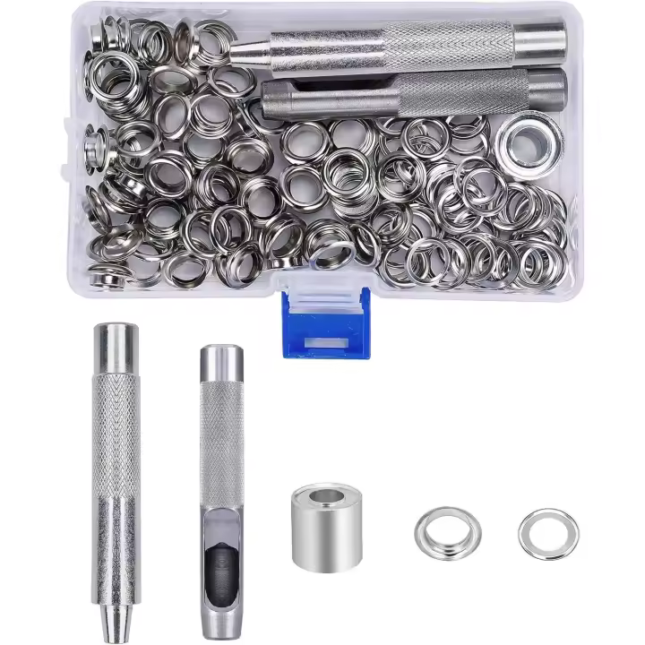 Juego de ojales de 10 mm, juego de ojales de metal con caja de almacenamiento para reparación de cortinas de lona y carpas, 100 piezas - 1
