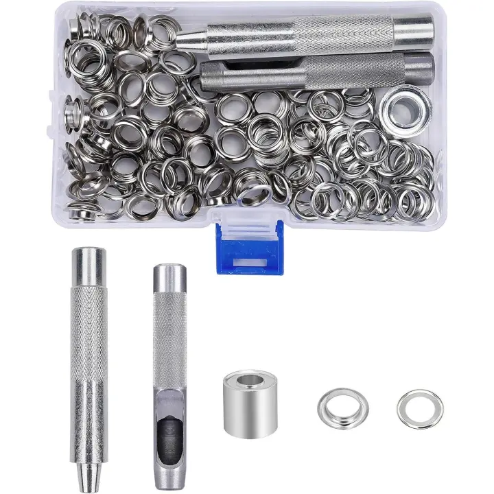 Juego de ojales de 10 mm, juego de ojales de metal con caja de almacenamiento para reparación de cortinas de lona y carpas, 100 piezas - 1