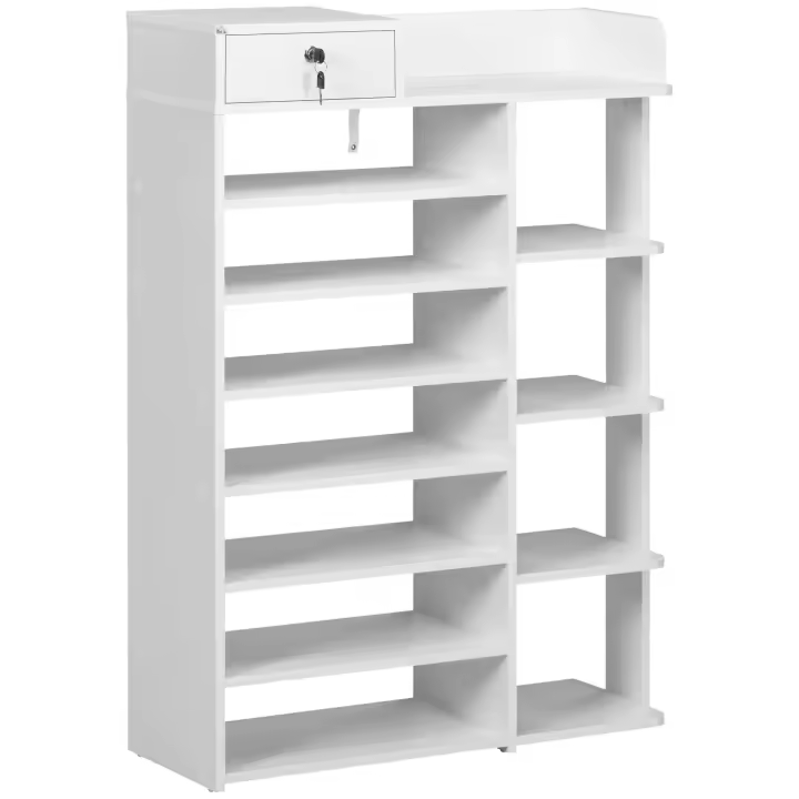 HOMCOM Estante Zapatero de Madera Estantería para Zapatos con 11 Estantes Abiertos para 18 Pares de Zapatos y Armario con Cerradura para Pasillo Entrada 80x27x112 cm Blanco - 1