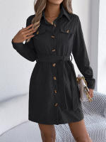 Vestido De Mujer Casual De Otoño E Invierno En Color Sólido De Corduroy Con Botones Y Cordones Largo De Cintura Vestimenta - details 5