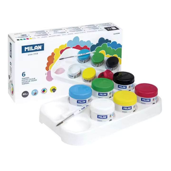 MILAN Caja 6 tarros 40 ml de témpera colores con pincel - 1