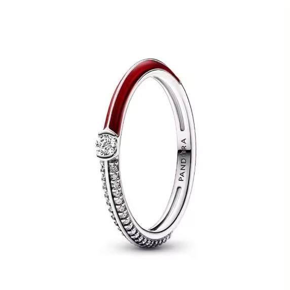 PANDORA ME Anillo de plata de ley con engaste pavé y rojo, con circonita cúbica transparente y esmalte rojo，Viene con un embalaje de caja de regalo completo. - 1
