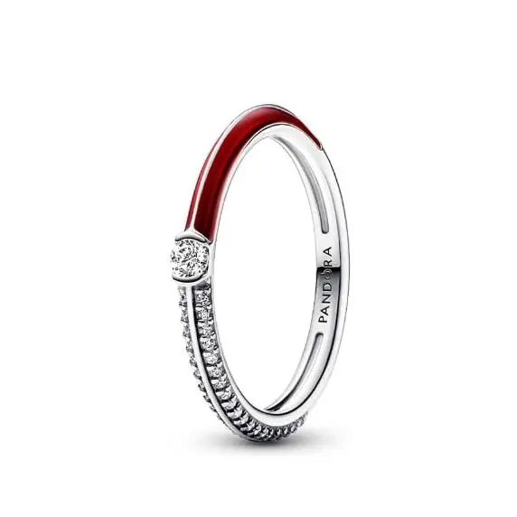 PANDORA ME Anillo de plata de ley con engaste pavé y rojo, con circonita cúbica transparente y esmalte rojo，Viene con un embalaje de caja de regalo completo. - 1