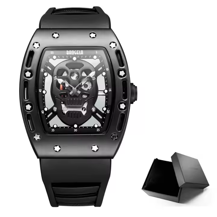 Reloj De Cuarzo Para Hombre Con Correa De Silicona Negra Luminosa Y Dial Rectangular De Armadura Calavera Estrellada BGL1612G-2 - 1