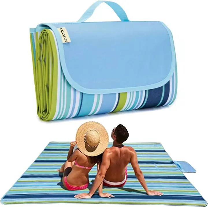 Manta de picnic | Esterilla de Playa | Manta de picnic para interior y exterior, 80 "x 57", resistente a la arena, impermeable, para Playa, Viajes, acampada, senderismo, Parque, bolsa de mano, plegable (Línea Azul)... - 1