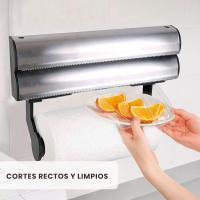 HOGUITA-Portarrollos de Cocina de Acero Inoxidable,Dispensador De Papel 3 en 1,Para Papel, Papel de Aluminio y Film Transparente,Porta Rollos de Pared,organizador y cortador de servilletas 34x20x9 cm - details 3