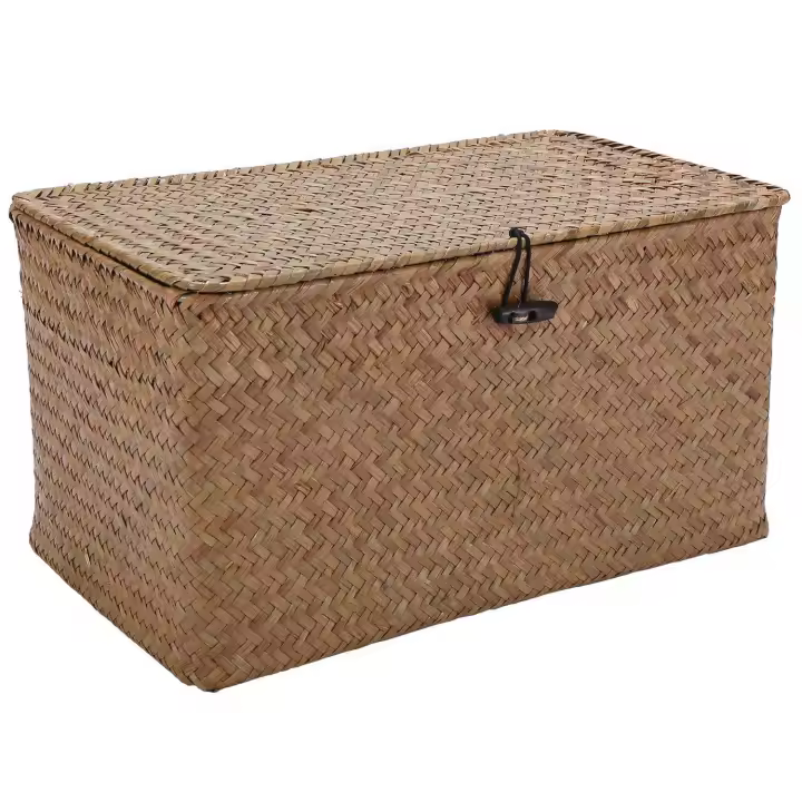 Cesta de Almacenamiento Tejida a Mano de Paja con Tapa Organizador de Maquillaje Caja de Joyería de Ratán Cesta de Lavandería de Marisco - 1