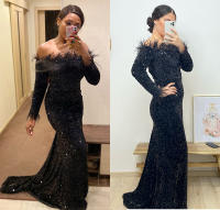Vestido Elegante De Noche Para Mujer Missord Con Hombros Descubiertos Y Plumas Negro Con Lentejuelas Traje De Baño Fiesta Bodas Silueta De Sirena Ajustado - details 1