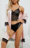 Conjunto De Pijama De Satén Para Mujer 4pcs Con Encaje Floral Camiseta Lencería De Dormir Y Bolero Pantalones Cortos Loungewear Rosa - details 1