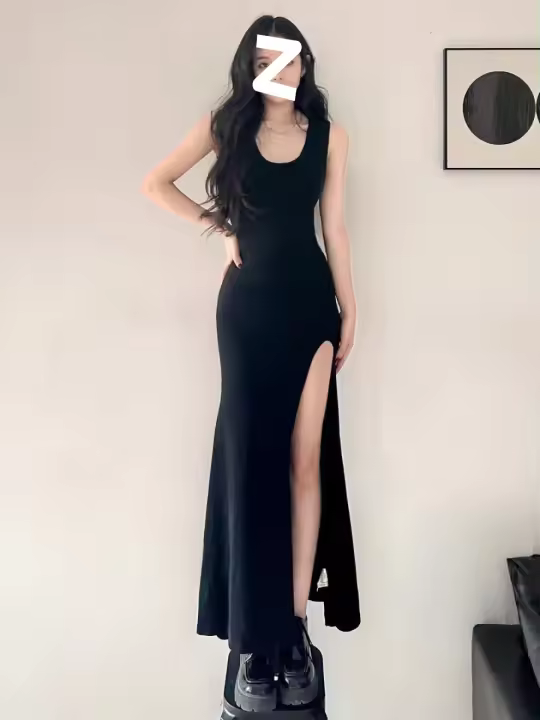 Vestido Maxi Elegante Negro Sin Mangas Con Abertura Lateral Alta Y Bodycon Para Fiesta De Noche Estilo Asimétrico Synthetique - 1