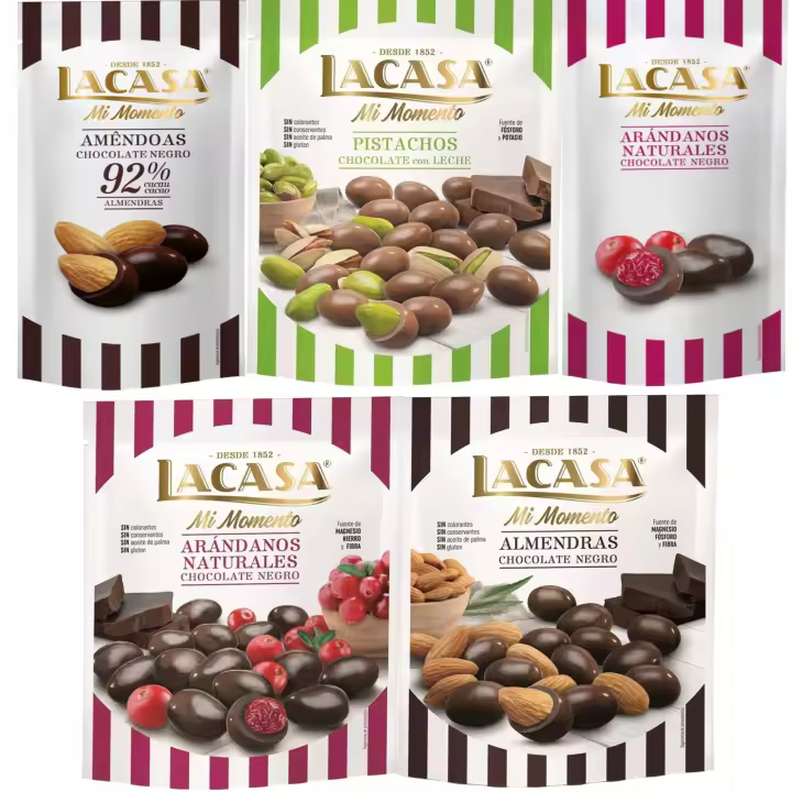 Lacasa Mi Momento pack de 5:Arándano Chocolate Negro ,Almendra 92% ,Arándano Chocolate Negro ,Almendra Chocolate Negro ,Pistacho Chocolate Leche - 1