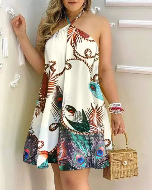 Vestido Halter Neck Tropical Impresión Vestido Sin Espalda Estilo Vacaciones Para Primavera Y Verano Ropa De Mujer - 1