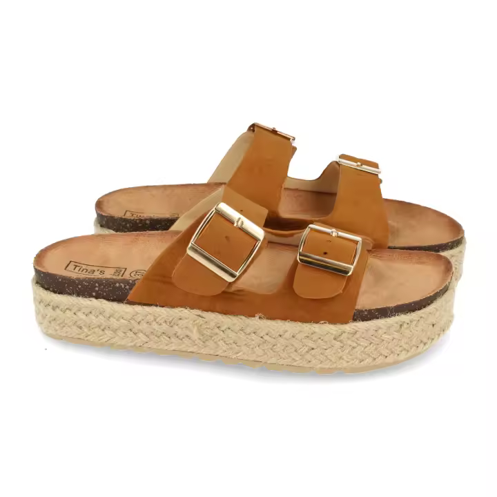 Davinia Shoes Sandalia Plana de Mujer, Forrado de Yute, con Planta Anatomica, y Hebillas en Pala, Primavera Verano 2021 Shoes&Blues.es 21302-Camel - 1