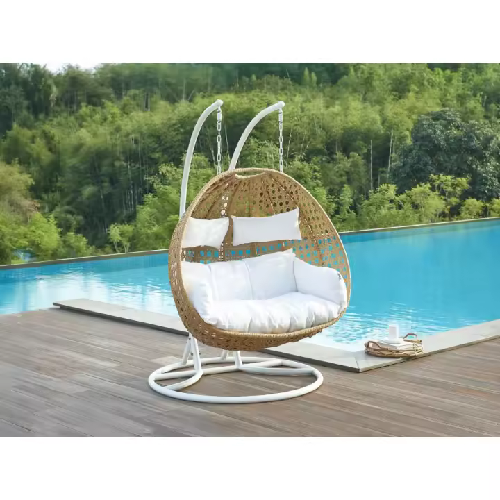 Vente-unique - Sillón colgante de 2 plazas de ratán natural con cojines blancos - TILLO de MYLIA - 1