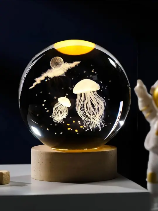 Lámpara De Noche De Cristal De Medusa En Forma De Bola Con Base De Madera Y USB Crear Ambiente Festivo Luz LED De Bajo Consumo - 1