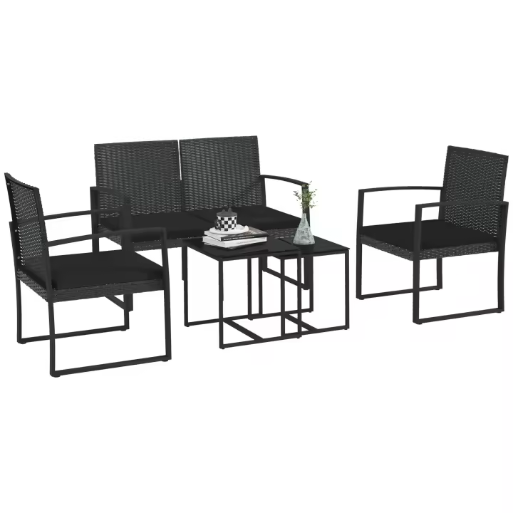 Outsunny Conjunto de Muebles de Jardín de Ratán Sintético Juego de Sofás Exterior de 5 Piezas con 2 Sofás Individuales 1 Sofá Doble y 2 Mesas de Centro para Patio Terraza Negro - 1